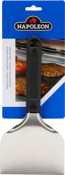 The Napoleon Grills Griddle Scraper (GATL016) features a stainless steel blade and black handle, ideal for griddle cleaning. It comes in packaging with a blue background and an image of burgers cooking on a grill.