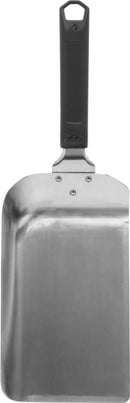 The Napoleon Griddle Scoop Spatula for Griddles (GATL017) by Napoleon Grills features a flat, rectangular stainless steel blade with a raised edge on one side and a black textured handle secured with three rivets—a griddle essential.