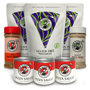Urban Slicer Pizza Worx's Gluten Free Slicer's Special includes gluten free pizza dough mix pouches, two pizza seasoning bottles (red and white), and three containers of pizza sauce, all arranged together.
