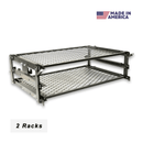 Two metal slide-out grill racks with mesh surfaces from the Pimp My Grill® Gen2 Slide-Out Rack System for Green Mountain Grills Ledge / Daniel Boone, positioned one above the other as a dual-level cooking system.