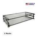 A two-tier metal Pimp My Grill® Gen2 Slide-Out Rack System for Green Mountain Grills Peak / Jim Bowie, featuring a Made in America logo at the top right and the text 2 Racks at the bottom left.