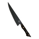The Spaceman Knives Galaxy Series Chef Knife features a dark 10CR18MOV steel blade and marbled black handle, set diagonally against a swirling galaxy background for an out-of-this-world culinary experience.