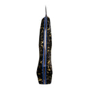 A high-heeled shoe with a black and gold marble pattern and blue stripe stands upright before a bright spiral galaxy, evoking the precision design of the Spaceman Knives Galaxy Series Kiritsuke Knife by Spaceman Knives.