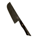 The Spaceman Knives Galaxy Series Nakiri Knife, featuring a black marbled handle, is displayed against a swirling galaxy backdrop with radiant light—ideal for elevating your vegetable prep.