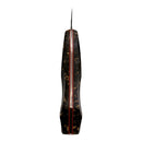 The Spaceman Knives Galaxy Series Nakiri Knife by Spaceman Knives is shown in sleek black and gold with a central red stripe, its sharp profile floating before a bright spiral galaxy against a cosmic backdrop.