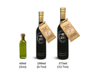 Three bottles of Georgetown Olive Oil Co. Garlic Infused | High Polyphenols Extra Virgin Olive Oil in 60ml, 200ml, and 375ml sizes are labeled and arranged from left to right on a white background. The two black bottles feature gold caps and distinctive garlic tags, emphasizing their cold pressed extraction process for high polyphenol extra virgin olive oil from Georgetown Olive Oil Co.