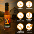 A bottle of Elijah's Xtreme Sins of the Father (Garlic Habanero) hot sauce by Elijah's Xtreme is shown. Icons indicate that it is no MSG, non-GMO, contains no extracts, is gluten free, has no artificial ingredients, and is vegan friendly. A barn and cowboy appear in the background, making this spicy garlic habanero hot sauce a perfect Yellowstone collectible for fans.