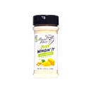 A plastic shaker bottle of Pawpa Flavor Just Wingin’ It Garlic Parmesan seasoning, featuring a bear wearing glasses on the label with illustrations of garlic and cheese at the bottom.