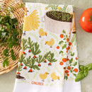 The Gingiber Garden Chicken Tea Towel by Gingiber features chickens, tomato plants, greenery, and ladybugs on soft flour sack cotton—ideal as a charming kitchen or sourdough proofing towel.