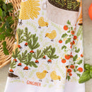The Gingiber Garden Chicken Tea Towel by Gingiber features bright chicken and garden illustrations on flour sack cotton—perfect as a kitchen or sourdough proofing towel.