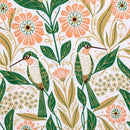 This Gingiber Hummingbird Tea Towel features two green and white hummingbirds amid orange flowers and green leaves on a white background—perfect for adding decorative charm to your kitchen.