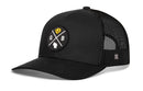 The Haka Hat Black GB Cheese X Snapback is a Green Bay trucker hat with a mesh back and an embroidered front patch featuring crossed lines, "G" & "B", a yellow cheese wedge, and a white Wisconsin outline.