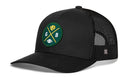 The Haka Hat Green Bay Trucker Hat features a black mesh back, classic snapback style, and a round green patch with a football, cheese wedge, and yellow/white "G" and "B" initials on the front. Perfect for fans.