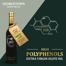 A bottle of Georgetown Olive Oil Co. GREEN CHILI | High Polyphenols Extra Virgin Olive Oil, featuring a green chili tag next to a graphic indicating Polyphenols 320 mg/kg. Text reads: High Polyphenols Extra Virgin Olive Oil, cold pressed and infused with green chili for enhanced flavor and health benefits from Georgetown Olive Oil Co.