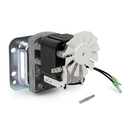 The Green Mountain Grills Auger Motor DB/JB Choice 110V (T-Pin) (P-1119) features a metallic build, white plastic fan blade, green wire connectors, and a metal pin, shown on a white background.