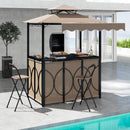 The DirectDeals Grill Gazebo with Awning 3-Piece Outdoor BBQ Canopy Double-Tier Soft Top Barbecue Shelter features two stools, a grill, drinks, and utensils by the pool with a potted plant and modern building backdrop.