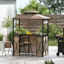 DirectDeals Grill Gazebo with Awning 3-Piece Outdoor BBQ Canopy Double-Tier Soft Top Barbecue Shelter set up with two bar stools, drinks, and a nearby grill. Surrounded by greenery and a wooden fence on a sunny day.