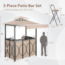 Diagram of the DirectDeals Grill Gazebo with Awning 3-Piece Outdoor BBQ Canopy Double-Tier Soft Top Barbecue Shelter, showing bar, two chairs, detailed dimensions, beige canopy, decorative panels, and a human silhouette for scale.