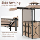 The DirectDeals Grill Gazebo with Awning 3-Piece Outdoor BBQ Canopy Double-Tier Soft Top Barbecue Shelter features a black metal frame, side awning for shade, and upgraded hydraulic rods for easy, stable setup.