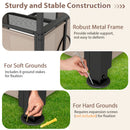 Three panels show: a metal frame, a hand pushing a stake into grass, and a drill with expansion screws. The DirectDeals Grill Gazebo with Awning offers sturdy setup on both soft and hard surfaces.