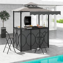 The DirectDeals Grill Gazebo with Awning 3-Piece Outdoor BBQ Canopy Double-Tier Soft Top Barbecue Shelter features a grill, two black chairs, drinks, and food by a pool on a gray patio near glass doors and a potted tree.