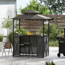 DirectDeals Grill Gazebo with Awning 3-Piece Outdoor BBQ Canopy Double-Tier Soft Top Barbecue Shelter includes two black stools, a counter with drinks, hanging glasses, and sits by a black grill in a green backyard setting.