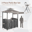 Diagram of DirectDeals Grill Gazebo with Awning 3-Piece Outdoor BBQ Canopy Double-Tier Soft Top Barbecue Shelter, showing all components, dimensions, and a human silhouette for scale.