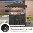 Outdoor bar setup with two black chairs under the DirectDeals Grill Gazebo with Awning 3-Piece Outdoor BBQ Canopy Double-Tier Soft Top Barbecue Shelter. Convenient ceiling hook shown for hanging lanterns.