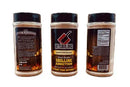Three bottles of Butcher BBQ Grilling Addiction BBQ Rub Seasoning are shown, displaying the front, back, and side with nutrition facts. The black and yellow labels feature flame graphics that highlight the bold flavor of this Butcher BBQ product.