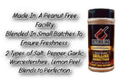 A bottle of Butcher BBQ Grilling Addiction BBQ Rub Seasoning sits by text highlighting this peanut-free Butcher BBQ blend, made in small batches with salt, pepper, garlic, Worcestershire, and lemon peel for bold barbecue flavor.