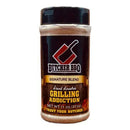 Butcher BBQ Grilling Addiction BBQ Rub Seasoning, 11 oz bottle by Butcher BBQ, features a red meat cleaver logo and the phrase "Trust Your Butcher" on the label.