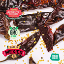 Rico Rico Dried Mexican Chiles 3-Pack—featuring authentic Ancho, Guajillo, and Pasilla peppers—is displayed on a white surface, with labels highlighting “100% Authentic Products,” “GMO Free,” “Made in Mexico,” and the brand slogan “Rico! Rico!”.