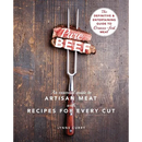 The cover of the Pure Beef: An Essential Guide to Artisan Meat with Recipes for Every Cut - Paperback guide features a metal carving fork holding a piece of cooked artisan meat against a dark wooden background.