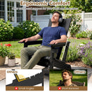 A man relaxes in the DirectDeals Adirondack Chair with Cup Holder - HDPE Outdoor Seating, listening to music. A 30.5° angle highlights its ergonomic backrest and spacious comfort compared to other chairs.