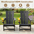Two black Adirondack Chair with Cup Holder - HDPE Outdoor Seating by DirectDeals sit on a patio, icons showing sun-protective, fade-resistant, waterproof, and durable features. Garden and flowers bloom in the background.