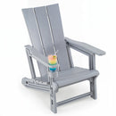 A gray Adirondack Chair with Cup Holder - HDPE Outdoor Seating by DirectDeals features a right armrest cup holder holding a colorful iced drink with a straw, set against a white background.