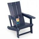 A colorful drink with a straw sits in the cup holder of the blue Adirondack Chair with Cup Holder - HDPE Outdoor Seating by DirectDeals, set against a plain white background.