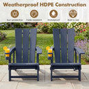 Two navy blue Adirondack Chair with Cup Holder - HDPE Outdoor Seating by DirectDeals sit on a stone patio, each holding a lemon drink. Icons show these seats are durable, sun-protective, and fade-resistant.