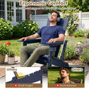 Man relaxing in a DirectDeals Adirondack Chair with Cup Holder - HDPE Outdoor Seating, eyes closed and wearing headphones. Ergonomic comfort, 30.5° backrest angle, and built-in cup holder add convenience.