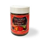 A jar of SALTOPIA Infused Sea Salts' Saltopia Habañero Salt: HOT HEAD with a white lid and red label featuring habanero peppers—perfect for adding bold hot pepper flavor to your dishes.