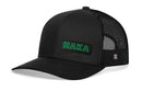 The Haka Hat Haka Branded Trucker Hat features a black rubber patch, mesh back, curved brim, and comfort-fit sweatband—our signature 5.0 snapback for bold, sporty style. Brand: Haka Hat.