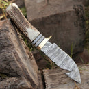 The Texan Knives Custom Handmade Damascus Steel Guthook Skinning Knife, featuring a 9" stag horn handle, brass guard, and leather sheath, is displayed against cut wood amidst grass and outdoor elements.