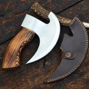 The Texan Knives Forged Pizza Cutter – Custom Handmade J2 Steel Blade with Wood Handle rests beside its brown leather sheath on a rustic wooden surface.