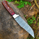 The Texan Knives Custom Handmade Damascus Skinning Blade – 4.5" Damascus Steel with a wooden handle rests on a large rock, surrounded by green plants and twigs.