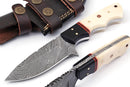 Texan Knives displays two Damascus steel knives, including the Texan Knives Custom Handmade 4.5" Skinning Knife with buffalo horn and camel bone handle, alongside a leather sheath on a white background.