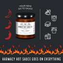 A 9oz jar of Harmacy Hot Sauce Co. Chi-Chee Kimchi Sauce with chili art, food icons (fries, chicken, noodles, burger), fire graphics, and text: “Your new go-to sauce. Harmacy fermented hot sauce goes on everything.”.