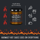 A jar of Harmacy Hot Sauce Co. Pata del Diablo Extra Hot Tomatillo & Clementine Sauce 9oz is centered on a black background with flames and food icons. Text reads, Your new go-to sauce—Harmacy Hot Sauce Co. goes on everything.