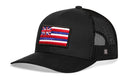 The Haka Hat Hawaii Flag Trucker Hat is a black mesh-back snapback featuring a front panel patch of the Hawaii state flag.