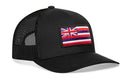Show your island pride with the Haka Hat Hawaii Flag Trucker Hat. This black mesh snapback by Haka Hat features a rectangular Hawaiian flag patch on the front, offering both style and comfort.