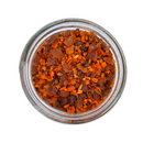 A top-down view of a glass jar filled with chunky orange and brown granules of SALTOPIA Infused Sea Salts' BBQ Blend: HE MAN, perfect for adding bold hickory smoked flavor, placed against a white background.